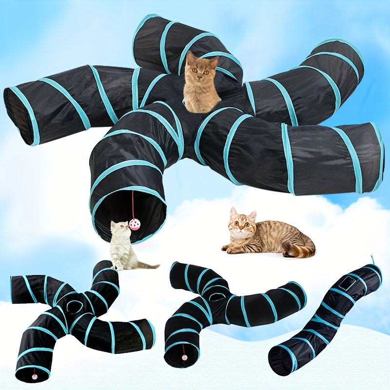 Large Collapsible Cat Tunnel with Play Ball & Interactive Peek Holes - Multi-Level Tunnel System for Indoor Cats, Kittens, Small Dogs - Heavy-Duty Tube with Blue Piping, Portable Hideout for Play & (Easy Assembly