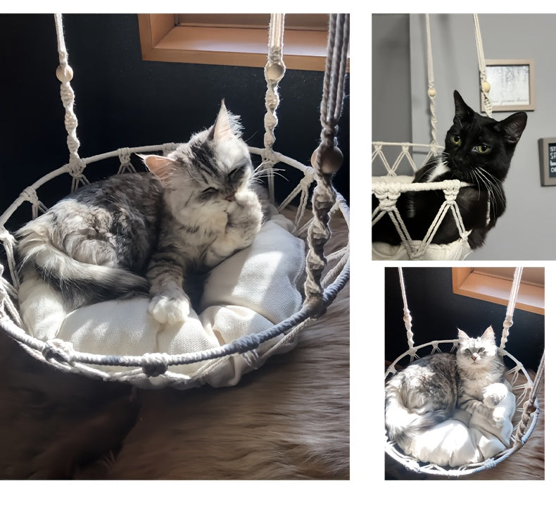 [Elegant Cat Hammock Basket] Handmade Woven Cat Hammock Basket - 1pc Soft All-Season Pet Swing with Checkered Cushion, Light Beige-Friendly Design, Easy Assembly for Indoor/Outdoor Use, Perfect Halloween Gift for Cats & Small