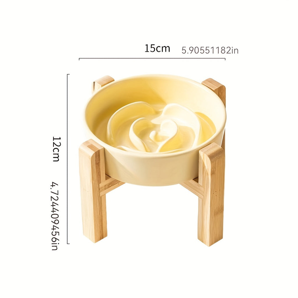 Elevated Cat Bowl, Ceramic Slow Feeder Cat Puzzle Food Bowl Water Bowl With Wooden Stand, Anti-choking Raised Dog Cat Basin To Slow Down Eating