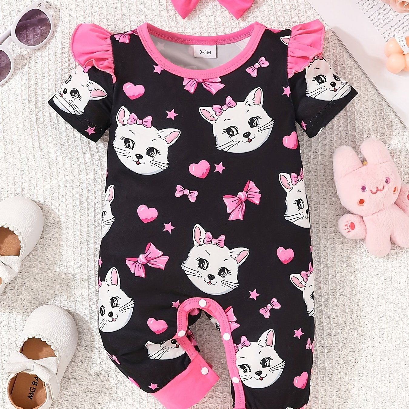 Newborn Baby Girls Cute Cartoon Cat Print Short-sleeved Comfortable Jumpsuit With Bow Headband Baby Summer Clothing