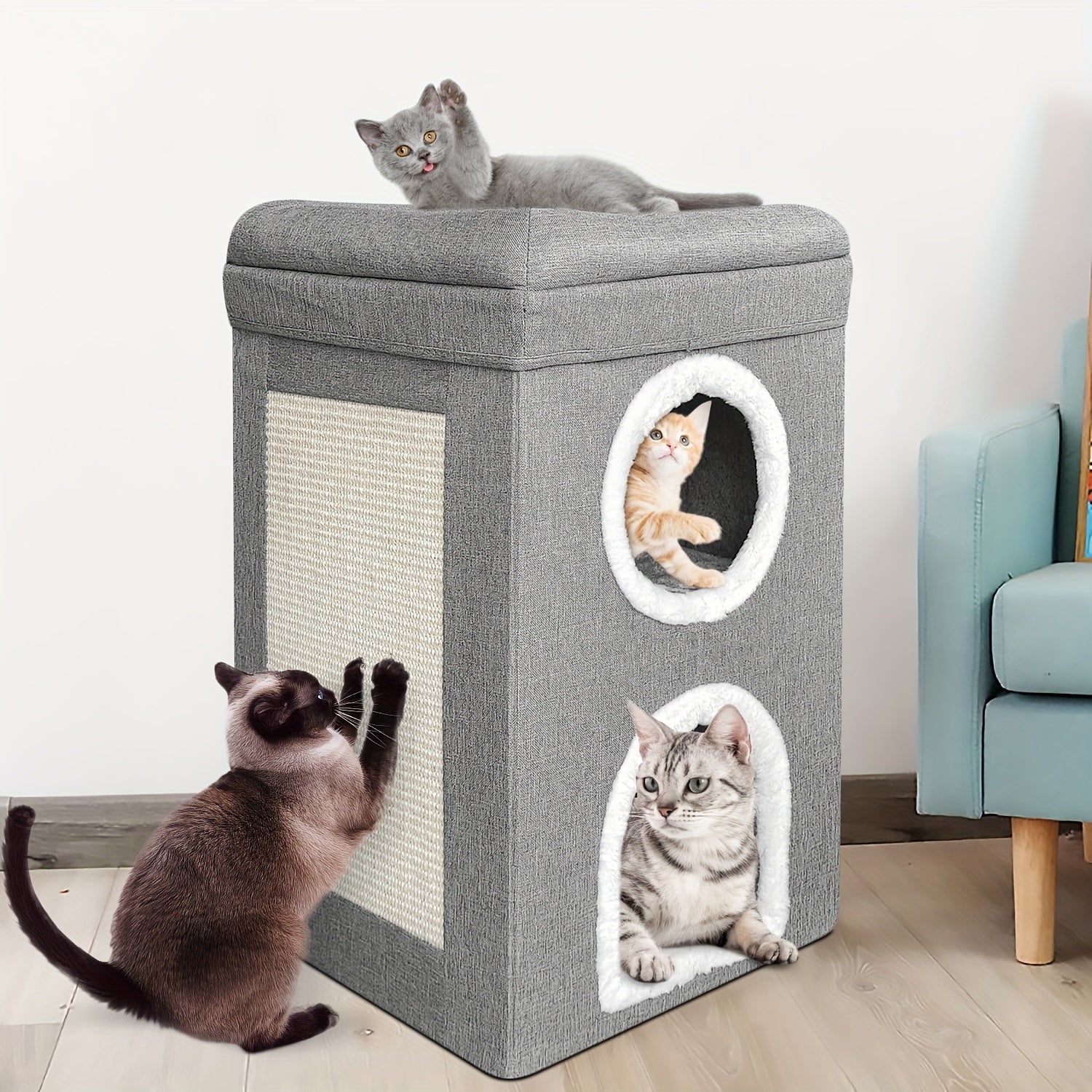 1pc FunTrip Cat House Cat Cave For Indoor Cats Three Layer Condo With Cushions Foldable Storage Cat Nest Cat Bed With Cat Scratching Board Cat Cube For Indoor Cats