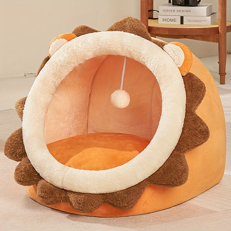 Cartoon Lion Shaped Cat Bed, Semi-enclosed Cat Kennel House Plush Cat Cave Nest For Indoor Cats