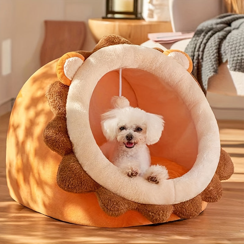Cartoon Lion Shaped Cat Bed, Semi-enclosed Cat Kennel House Plush Cat Cave Nest For Indoor Cats