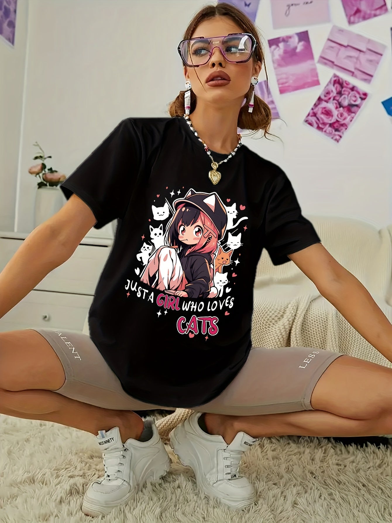 Women'S Anime Cat Lover Graphic T-Shirt - Black with Pink Lettering - Soft Stretchy Fabric Casual Everyday Tee - Cute Japanese Animation Shirt for Women - G7110, Allseason Apparel, Playful Design, Comfortable Fit, Streetwear