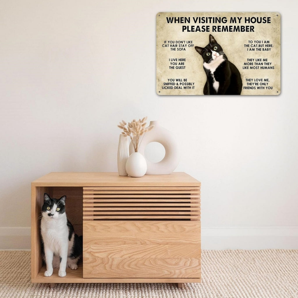 1pc, Cat - House Rules Funny Metal Tin Sign (11.81"x7.87"/30x20cm), Novelty Home Decor Halloween Christmas Gift