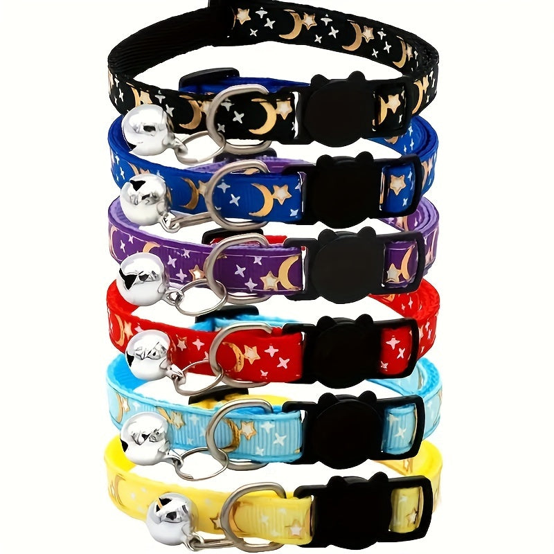 Stylish Adjustable Breakaway Cat Collar with Bell - Polyester Geometric Moon Star Pattern Necklace - Durable, Comfortable, and Safe for Your Feline Friend