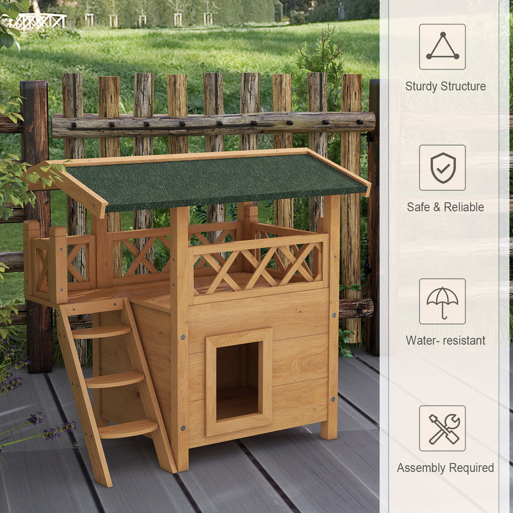 Outdoor Cat House Kitten Shelter Puppy Kennel with Balcony Stairs Asphalt Roof, 77 x 50 x 73 cm