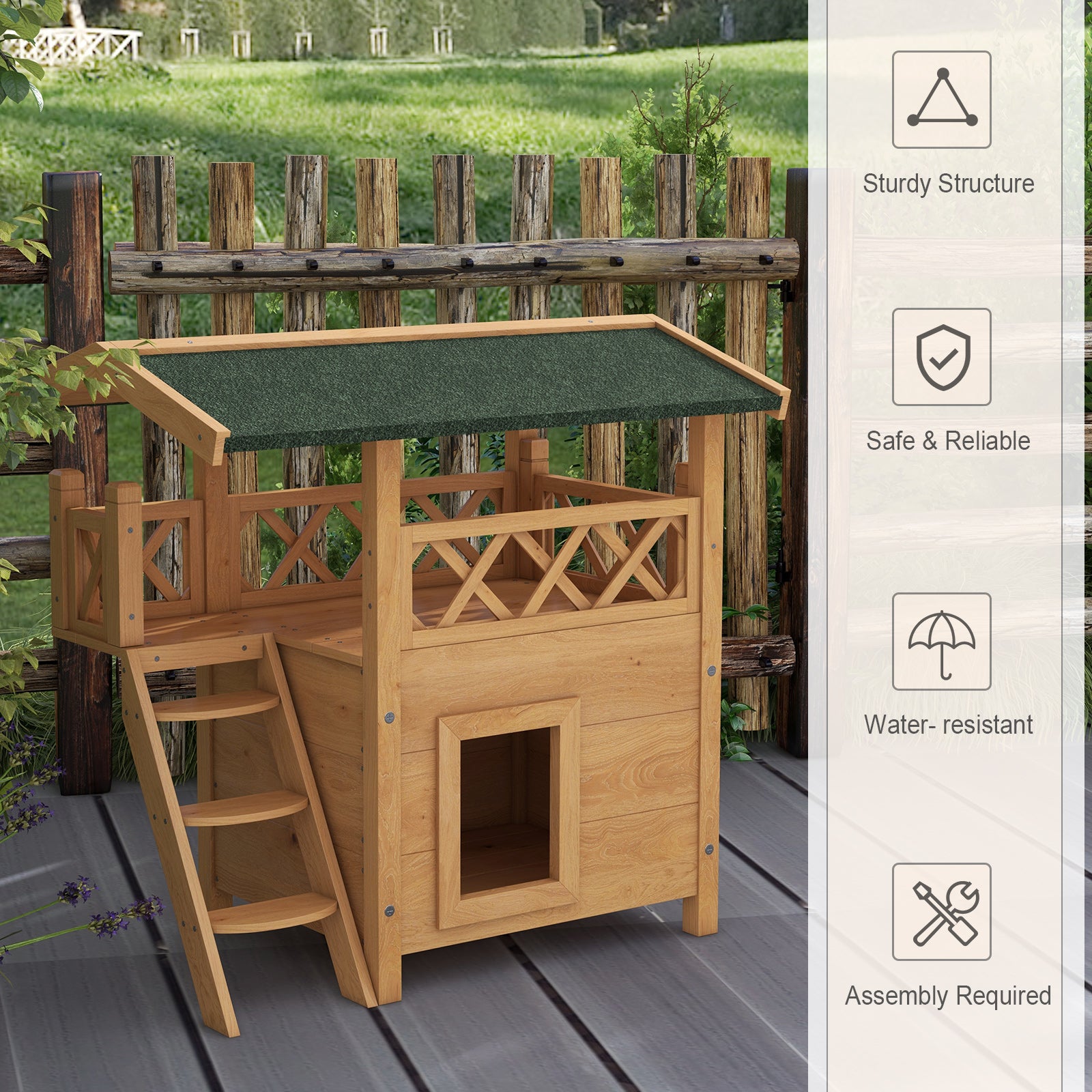 Outdoor Cat House Kitten Shelter Puppy Kennel with Balcony Stairs Asphalt Roof, 77 x 50 x 73 cm