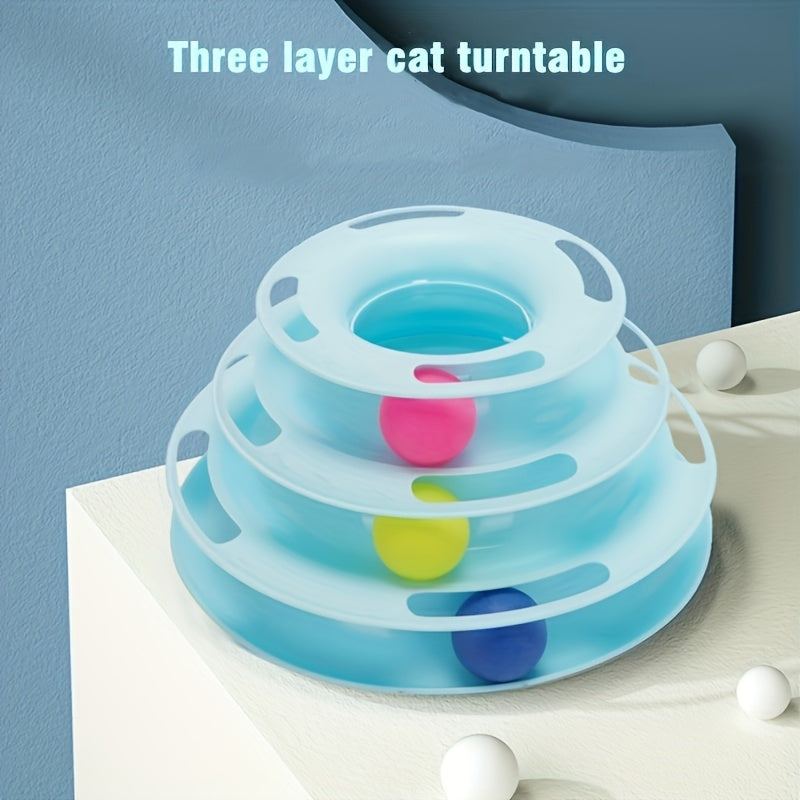 Cat Three Layer Turntable Toy Educational Play Track Tower Cat Teaser Toy Dish For Indoor Cats - Interactive Cat Ball Toy For Indoor Cats With Three Colorful Balls Exerciser Game & Funny Puzzle Kitty Toys