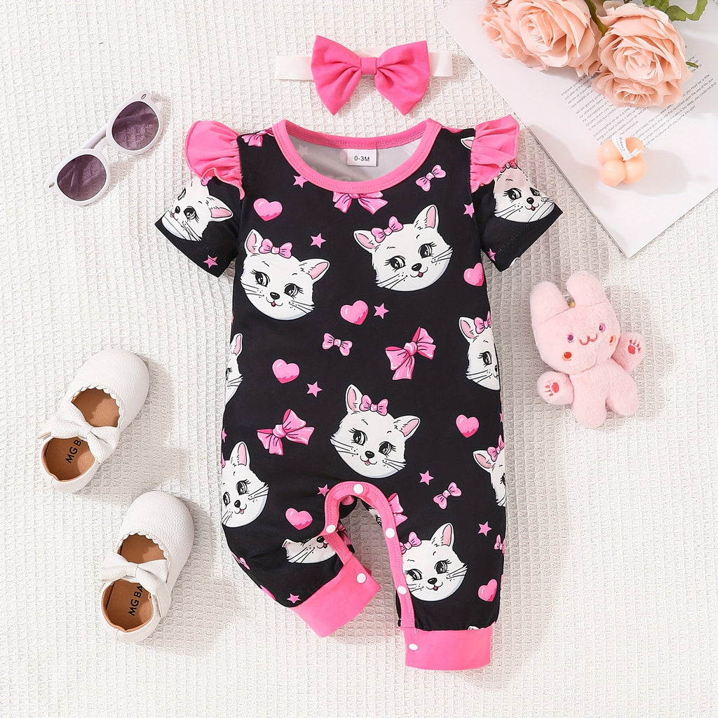 Newborn Baby Girls Cute Cartoon Cat Print Short-sleeved Comfortable Jumpsuit With Bow Headband Baby Summer Clothing