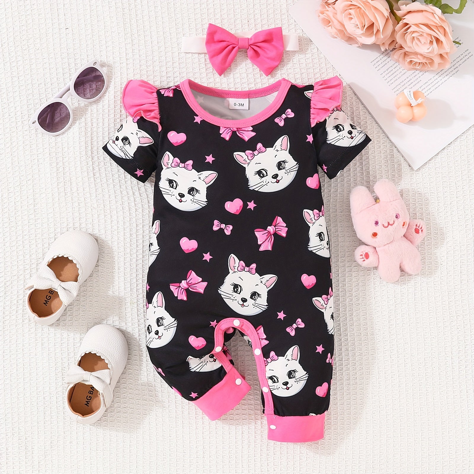 Newborn Baby Girls Cute Cartoon Cat Print Short-sleeved Comfortable Jumpsuit With Bow Headband Baby Summer Clothing