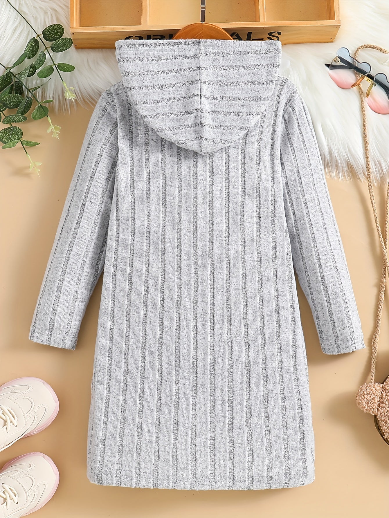 Girls Cat Pattern Knitted Long Sleeve Hooded Dress For Spring Fall Outdoor Activities