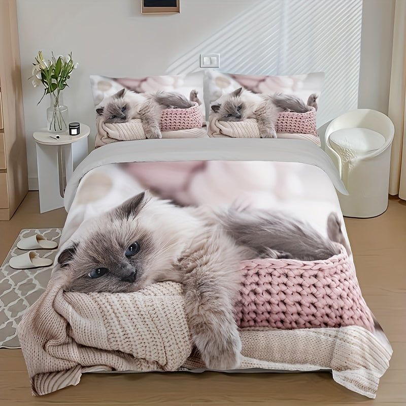3pcs Polyester Duvet Cover Set (1*Duvet Cover + 2*Pillowcase, Without Core), Fashion Cute 3D Cat Print All Season Bedding Set, Soft Comfortable Duvet Cover, For Bedroom, Guest Room