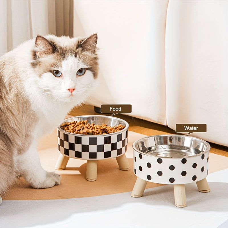 Elevated Whisker Delight Cat Bowl - Vibrant Graphic Pattern, Sturdy Wooden Stand, Easy-to-Clean, Raised Design - Perfect for Indoor Feline Friends, Spacious Feeder Bowl, Convenient Water Basin