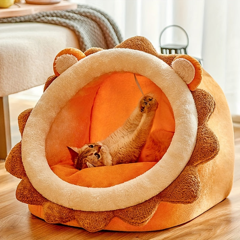Cartoon Lion Shaped Cat Bed, Semi-enclosed Cat Kennel House Plush Cat Cave Nest For Indoor Cats