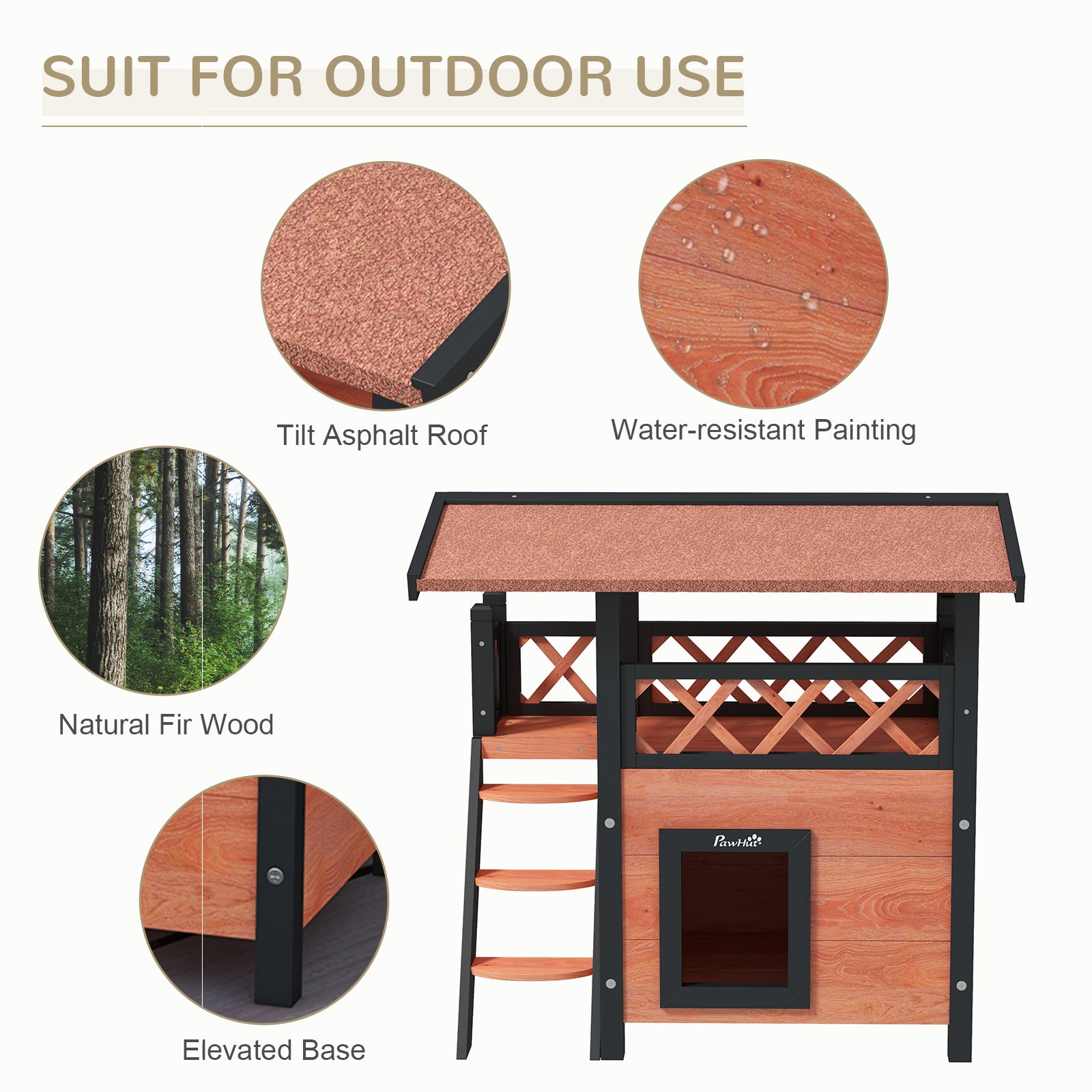 Outdoor Cat House Kitten Shelter Puppy Kennel with Balcony Stairs Asphalt Roof, 77 x 50 x 73 cm