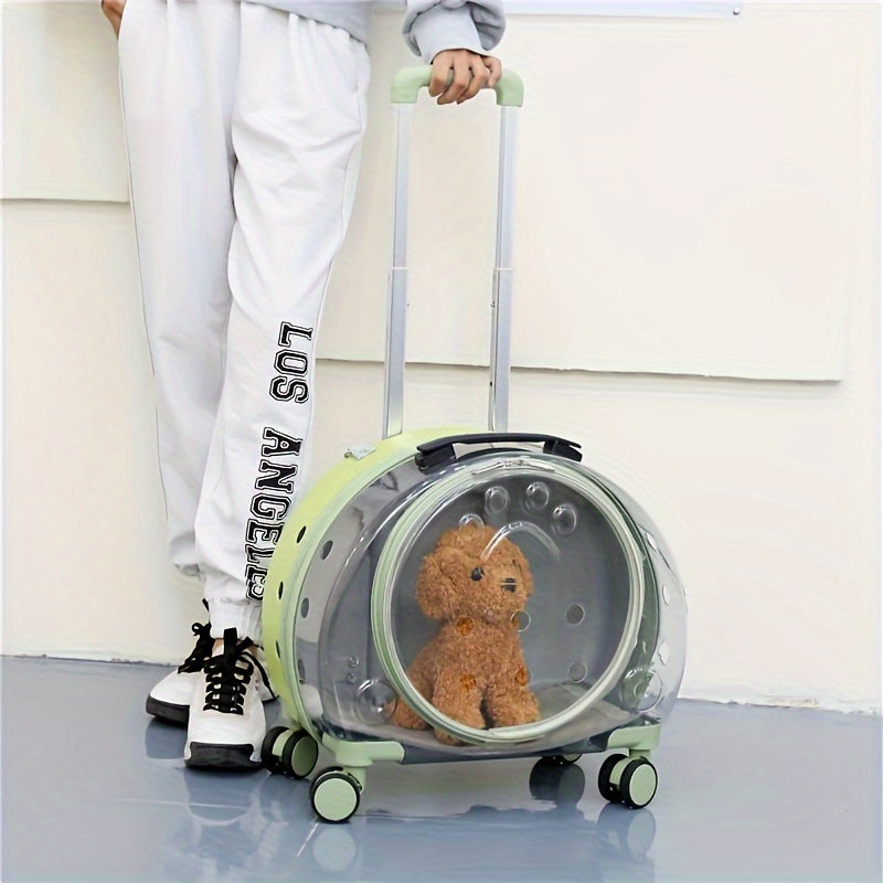 Large Capacity Transparent Pet Carrier with Wheels - Astronaut Capsule Backpack for Dogs & Cats, Portable Pull Rod Design