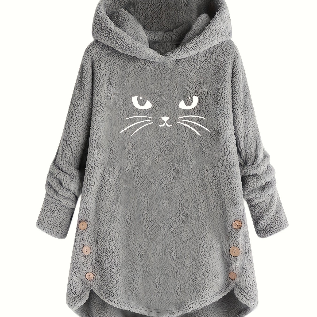 Cat Print Dipped Hem Plush Hoodie, Casual Long Sleeve Button Hoodie Sweatshirt, Women's Clothing