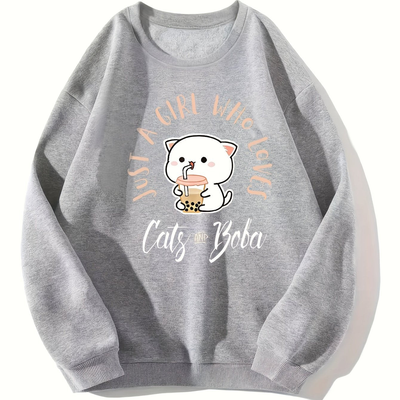 Cat Print Causal Round Neck Sports Sweatshirt, Fashion Long Sleeves Pullover Tops, Women's Activewear