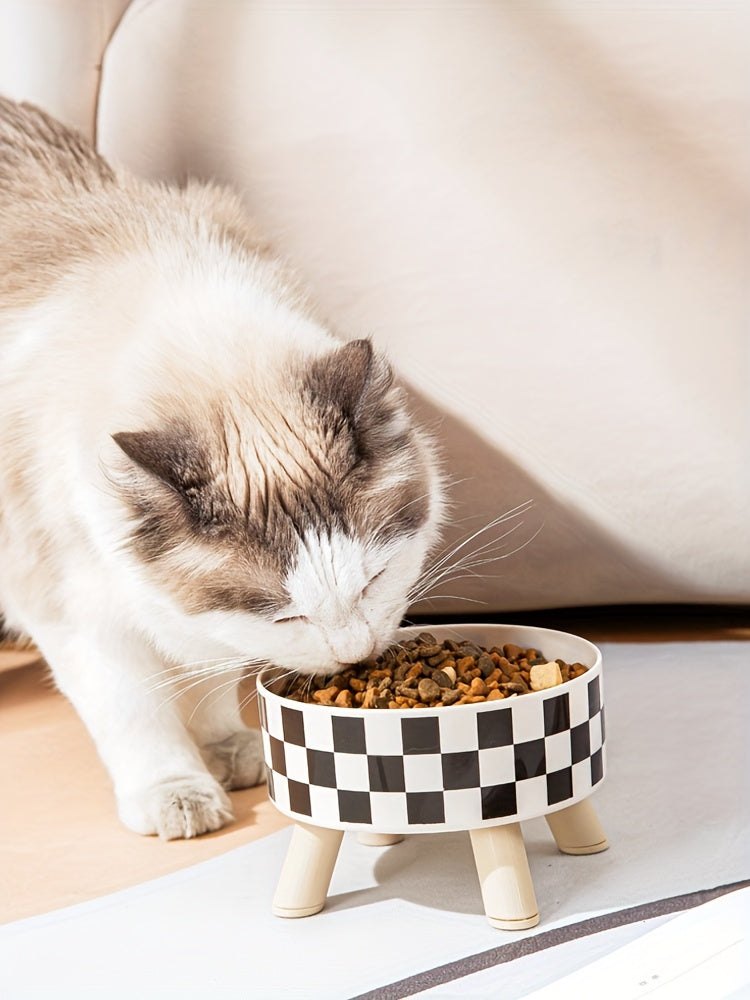 Elevated Whisker Delight Cat Bowl - Vibrant Graphic Pattern, Sturdy Wooden Stand, Easy-to-Clean, Raised Design - Perfect for Indoor Feline Friends, Spacious Feeder Bowl, Convenient Water Basin