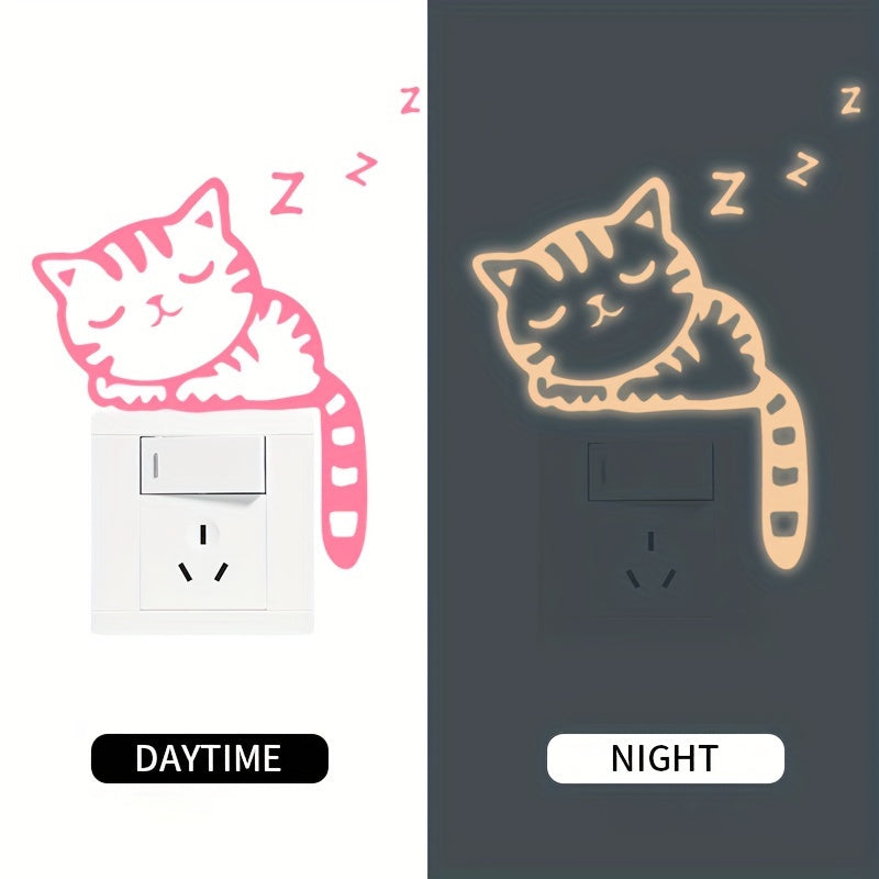 Removable Glow-in-the-Dark Cat Wall Stickers Compatible for Switches & Outlets - Cute Kitten Vinyl Decals with Night Glow, Peel & Stick for Switch Plates in Rooms,, Living Room Decor (No Residue)