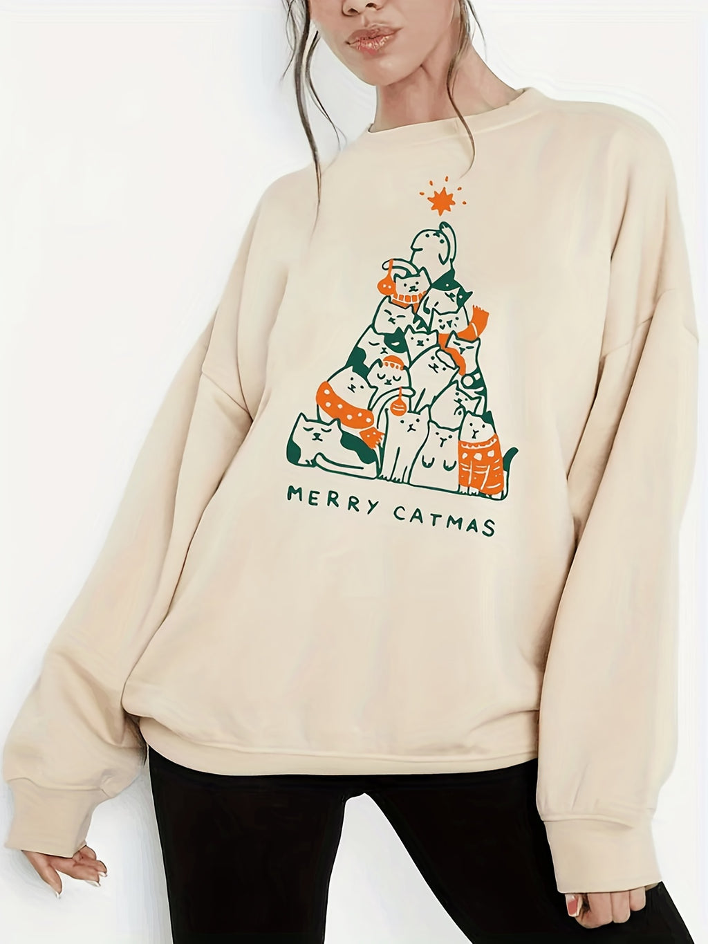 Christmas Cute Cat Print Sweatshirt, Casual Crew Neck Long Sleeve Sweatshirt, Women's Clothing
