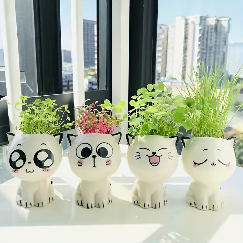 [1pc Cute Cat Flower Pot] 1pc Ceramic Mini Cat Cartoon Cute Flower Pot | Desktop Potted Plant DIY Desk Decoration | Youngsters's School Gift