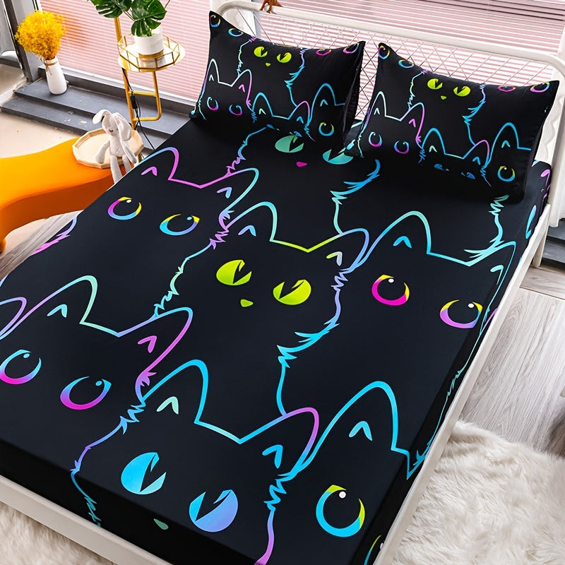 3pcs Novel Cute Cat Fitted Sheet Set, Dustproof Non-slip All Season Mattress Protector, Soft Comfortable Breathable Bedding Set With Deep Pocket, For Bedroom Guest Room Decor (1* Fitted Sheet + 2*Pillowcases, Without Core)