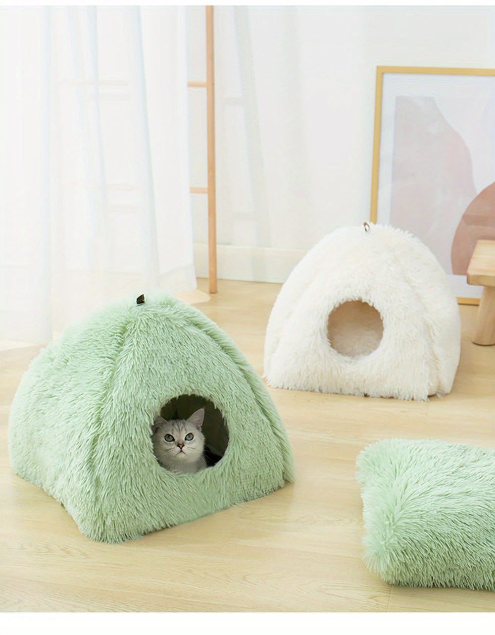 Long Plush Cozy Cat Cave Bed - Soft Polyester Pet House with Non-Slip Bottom, Removable Washable Pads & Arched Entrance Tunnel for Warmth & Comfort, Cute Hideout for Kittens & Cats, Pet Relaxation Space | Cute Cat Cave | Fluf