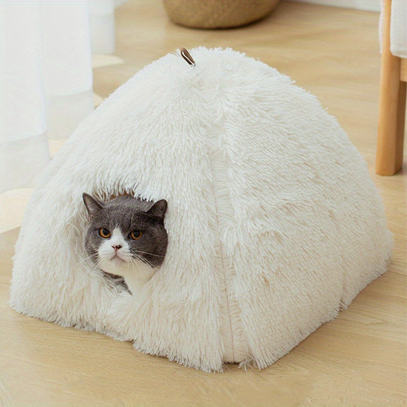 Long Plush Cozy Cat Cave Bed - Soft Polyester Pet House with Non-Slip Bottom, Removable Washable Pads & Arched Entrance Tunnel for Warmth & Comfort, Cute Hideout for Kittens & Cats, Pet Relaxation Space | Cute Cat Cave | Fluf
