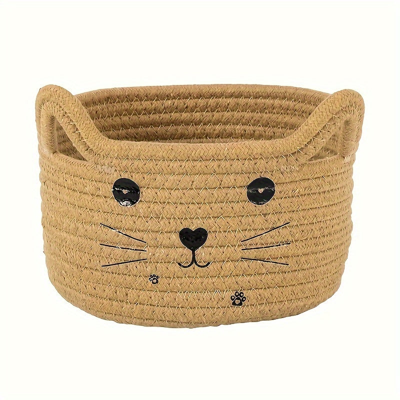 Cat Face Woven Cotton Fabric Storage Basket, Office, Dormitory, Bedroom, Living Room, Office Desktop Sundries Sorter Storage Basket