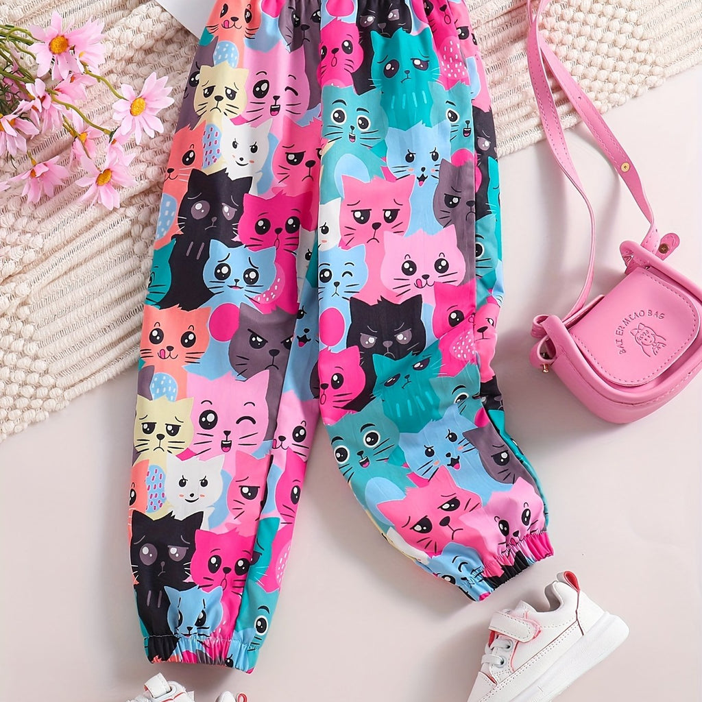 Toddler Girls Cute & Casual Jogger Pants Cat Print Cartoon Graphic For Spring And Summer And Autumn
