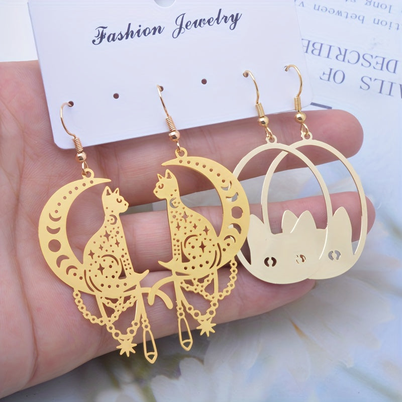 2 Pairs/Set Whimsical Black Cat Moon Hanging Pendant Earrings - Fashionable Golden Color Drop Earrings Jewelry with Lovely Animal Design - Ideal Gift Choice for Girls and Cat Lovers