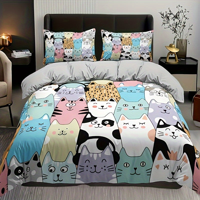 3pcs Fashion Duvet Cover Set, Cute Cartoon Cat Print Bedding Set, Soft Comfortable Breathable Duvet Cover, For Bedroom Guest Room Decor (1*Duvet Cover + 2*Pillowcase, Without Core)