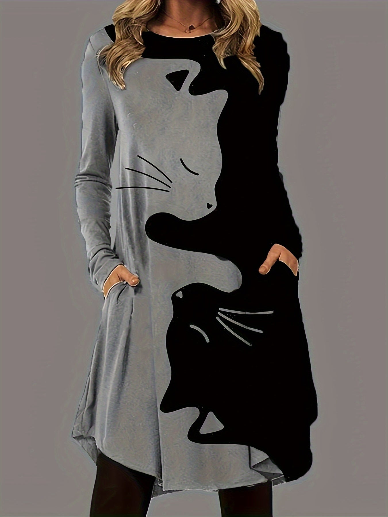 Long Sleeve Cat Print Casual Crew Neck Dress for Women, Spring & Fall Clothing