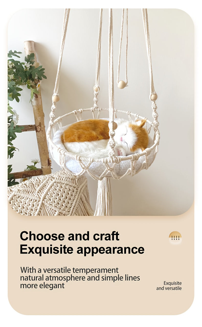 [Elegant Cat Hammock Basket] Handmade Woven Cat Hammock Basket - 1pc Soft All-Season Pet Swing with Checkered Cushion, Light Beige-Friendly Design, Easy Assembly for Indoor/Outdoor Use, Perfect Halloween Gift for Cats & Small