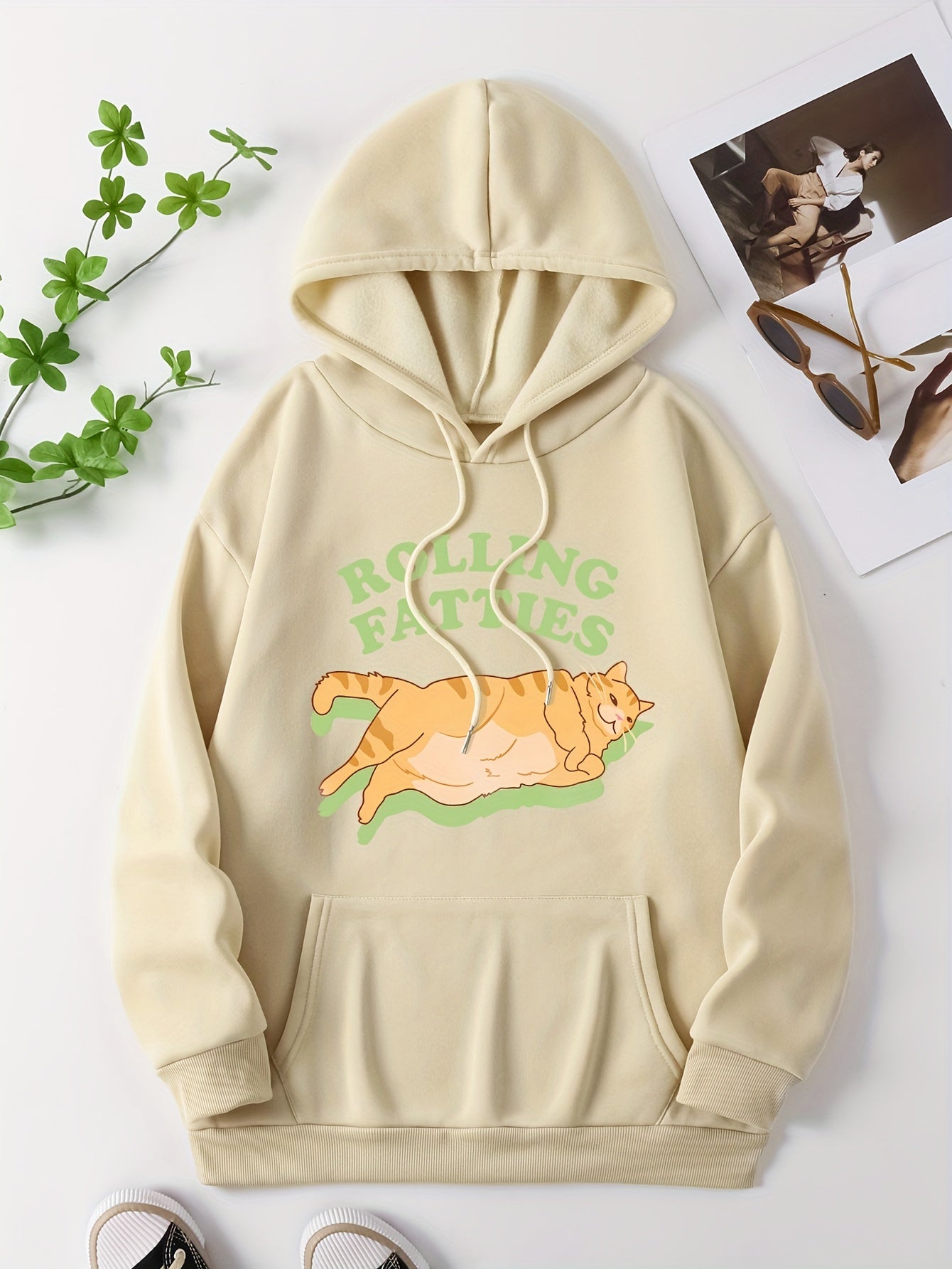 Cute Cat & Letter Print Drawstring Hoodie, Casual Long Sleeve Kangaroo Pocket Sweatshirt, Women's Clothing