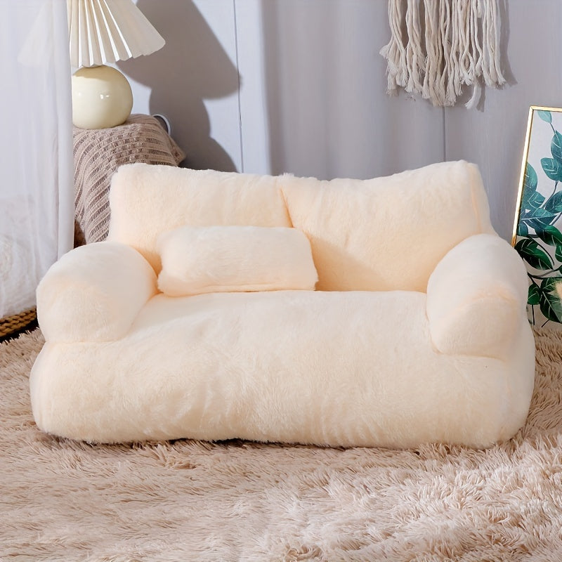Luxurious Beige Plush Cat Bed - Ultra-Soft, Warm Sofa for Cats with Non-Slip Base & Detachable Cover - Ideal for Snoozing & Relaxing, Easy to Clean, Polyester Fill - Perfect Pet Lounger for Kittens & Cats, Kitten Bed