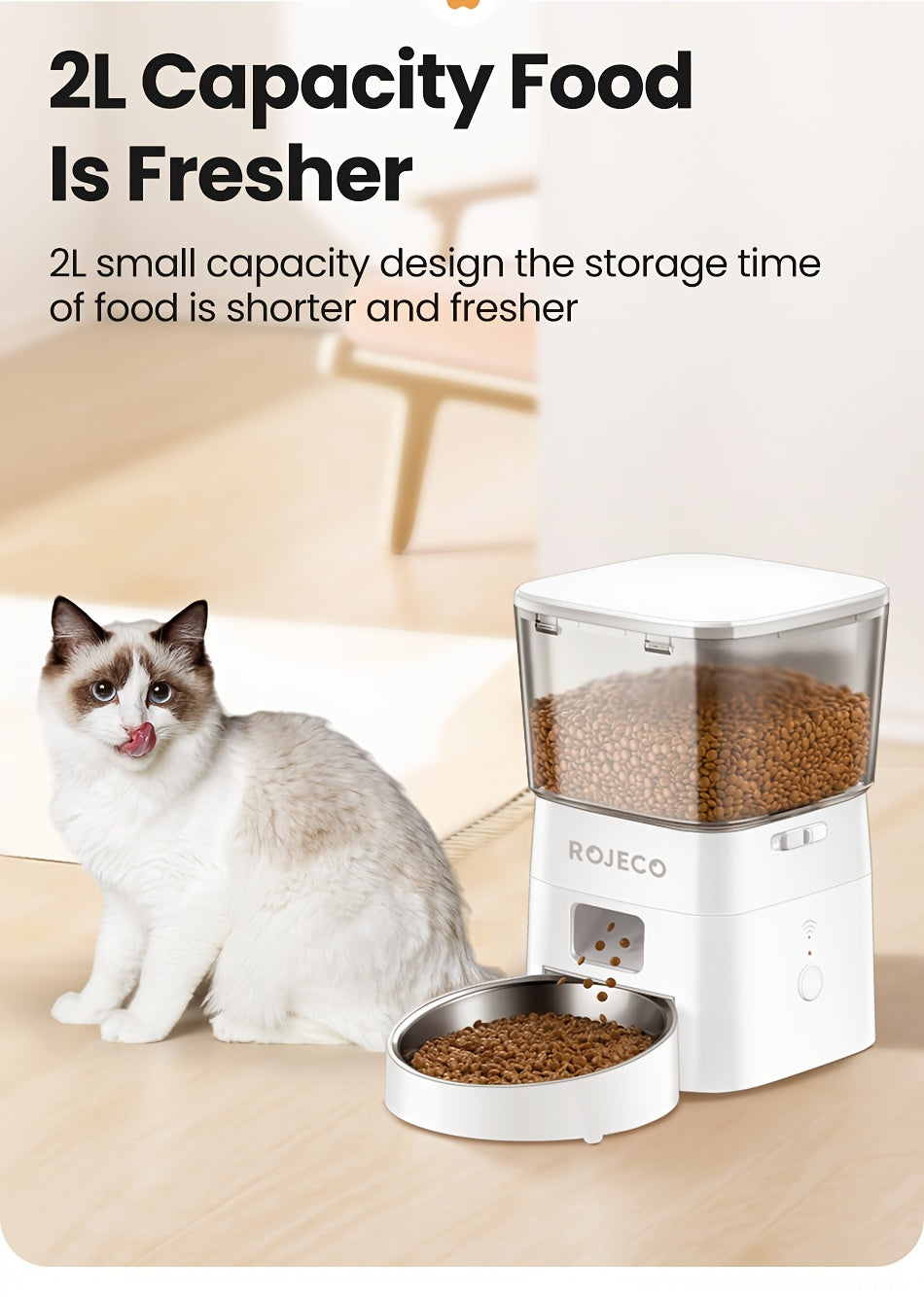 ROJECO Automatic Cat Feeder, 2L/68oz WiFi Automatic Cat Food Dispenser With App Control, Timed Cat Feeder With Stainless Steel Bowl & Dual Power Supply, 1-6 Meals, No Adapter Included