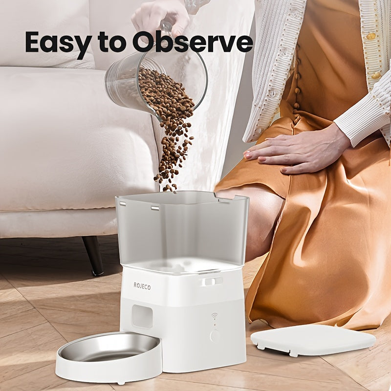 ROJECO Automatic Cat Feeder, 2L/68oz WiFi Automatic Cat Food Dispenser With App Control, Timed Cat Feeder With Stainless Steel Bowl & Dual Power Supply, 1-6 Meals, No Adapter Included