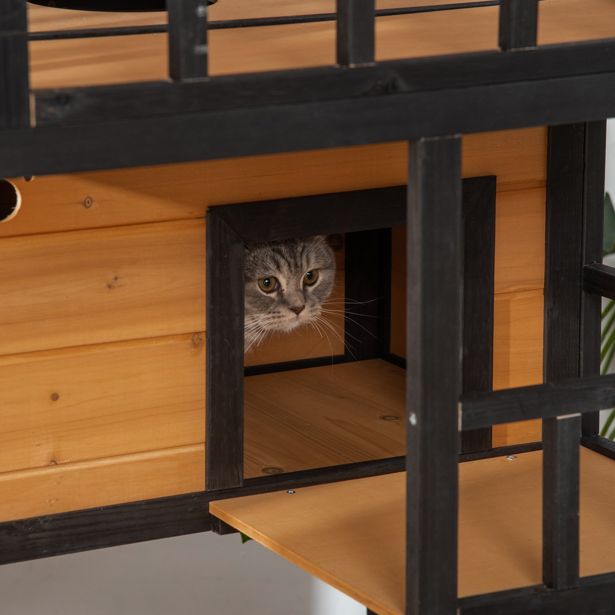 Wooden Outdoor Cat House 3-Tier for Winter Kitten Shelter Lodge w/ Tilted Roof Terrace Jump Step Bottom Tray Elevated Base Waterproof Paint