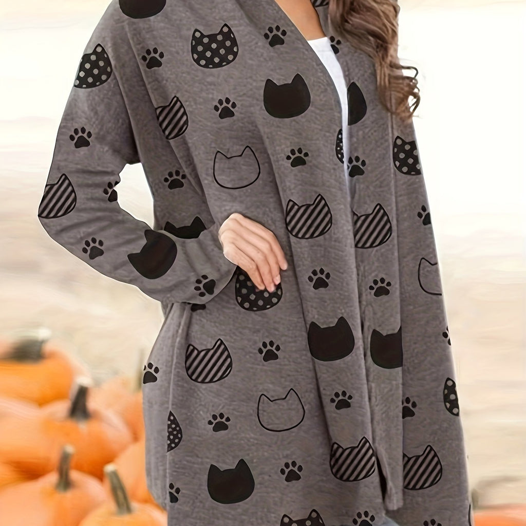 Cute Cat Print Open Front Cardigan, Casual Long Sleeve Outerwear, Women's Clothing