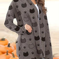 Cute Cat Print Open Front Cardigan, Casual Long Sleeve Outerwear, Women's Clothing