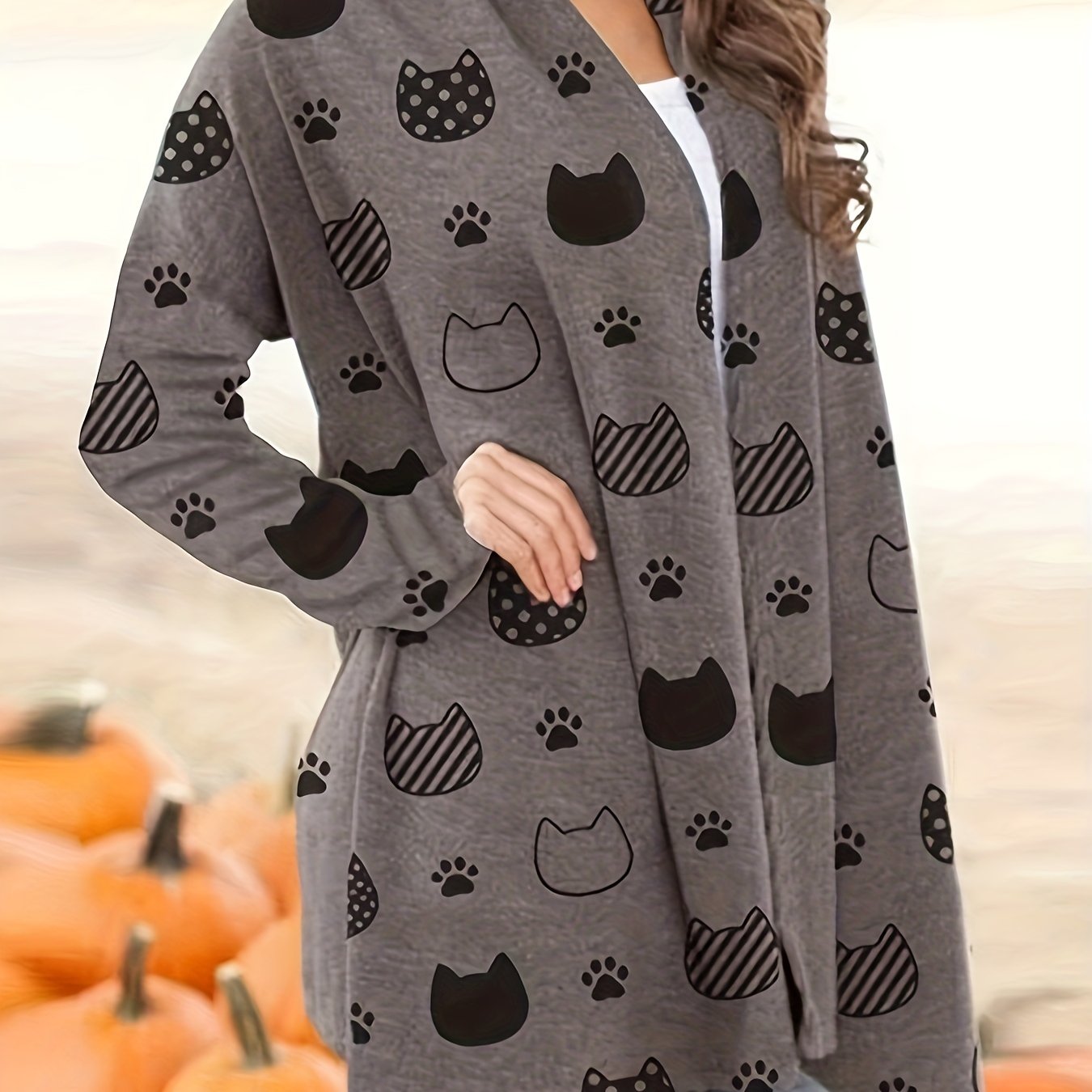 Cute Cat Print Open Front Cardigan, Casual Long Sleeve Outerwear, Women's Clothing