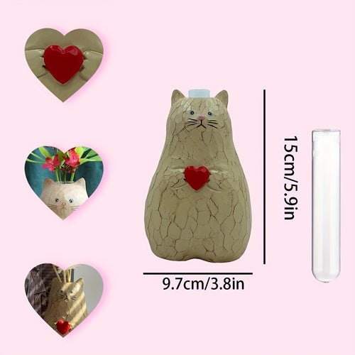 1pc Adorable Cat-Shaped Resin Vase with Red Heart - Perfect for Valentine's Day & Wedding Decor, Ideal for Hydroponic Plants & Flower Arrangements, Versatile Indoor Planter for Home Garden Enthusiasts, Flower Vase