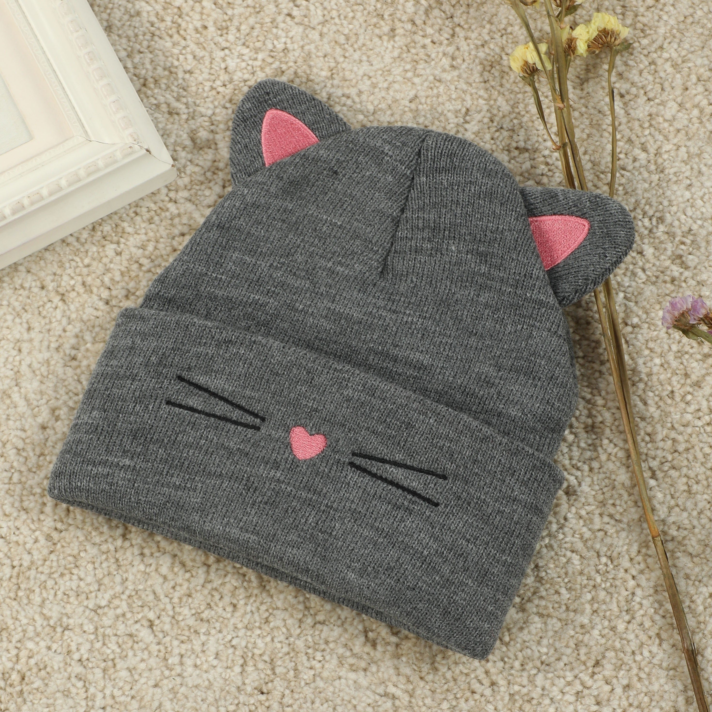 Cute Cat Beanie With Ears Trendy Solid Color Elastic Knit Hats Winter Warm Skull Cap Coldproof Beanies For Women