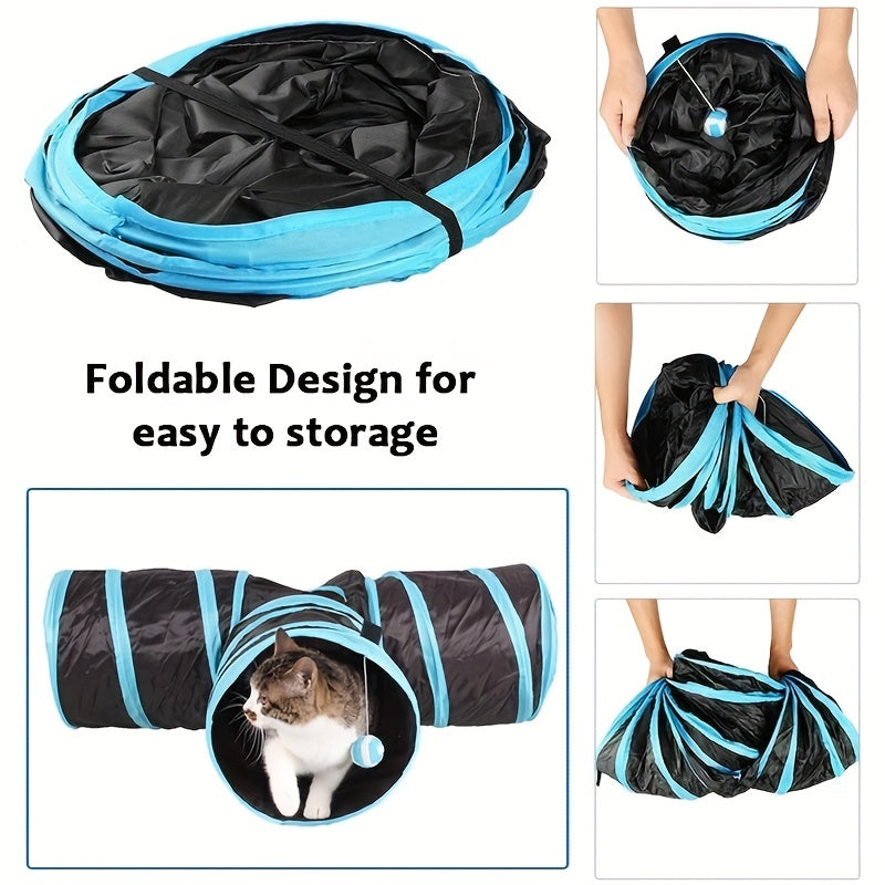 Large Collapsible Cat Tunnel with Play Ball & Interactive Peek Holes - Multi-Level Tunnel System for Indoor Cats, Kittens, Small Dogs - Heavy-Duty Tube with Blue Piping, Portable Hideout for Play & (Easy Assembly