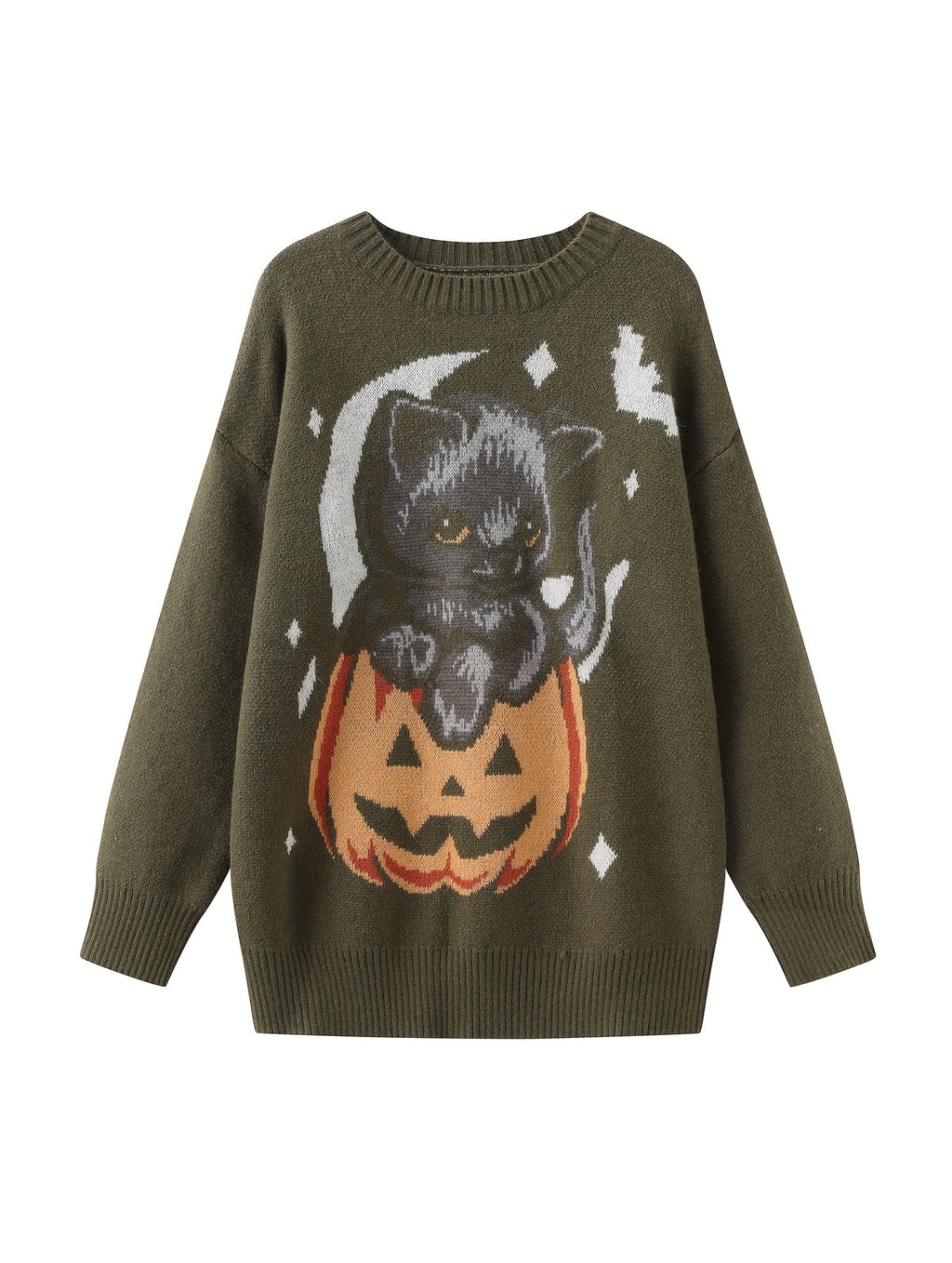 Y2K Pumpkin & Cat Pattern Knit Sweater, Casual Long Sleeve Pullover Sweater, Women's Clothing