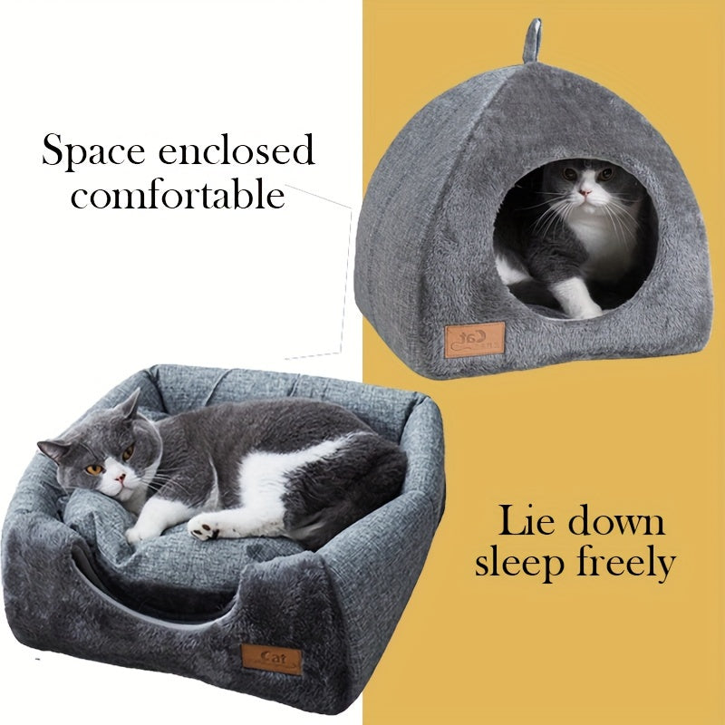 Foldable Plush Cat Cave - Classic Semi-Enclosed Nest with Soft Cushion Pad for Warmth, Comfort, and Privacy
