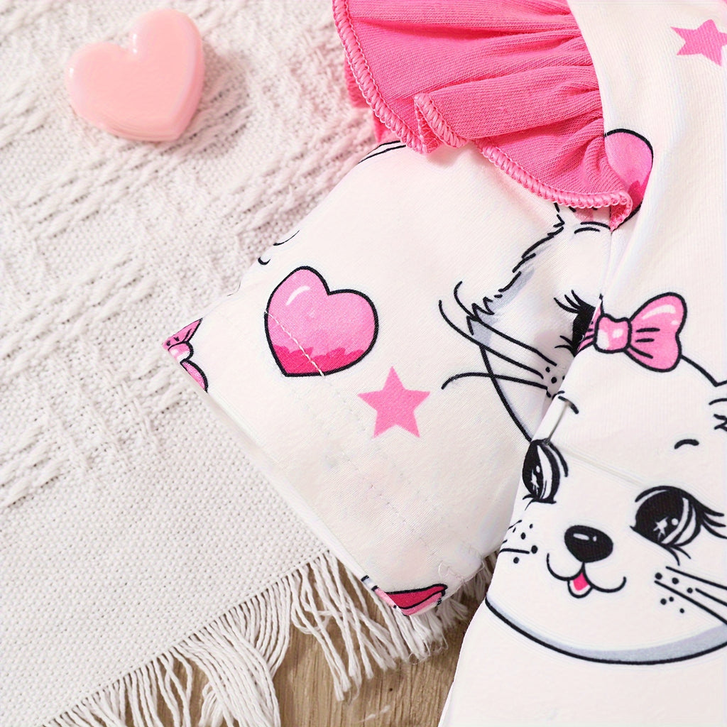 Newborn Baby Girls Cute Cartoon Cat Print Short-sleeved Comfortable Jumpsuit With Bow Headband Baby Summer Clothing